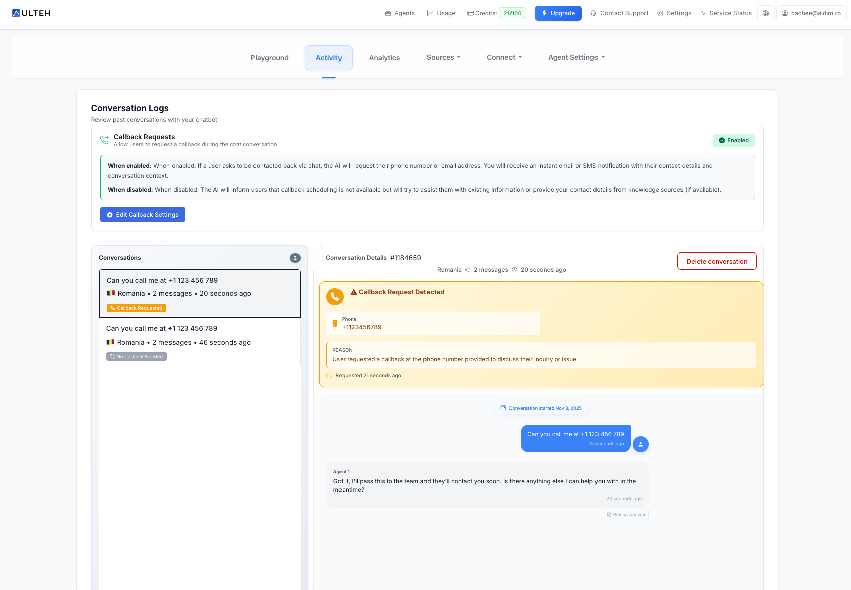 Overzicht van het tabblad Activiteit