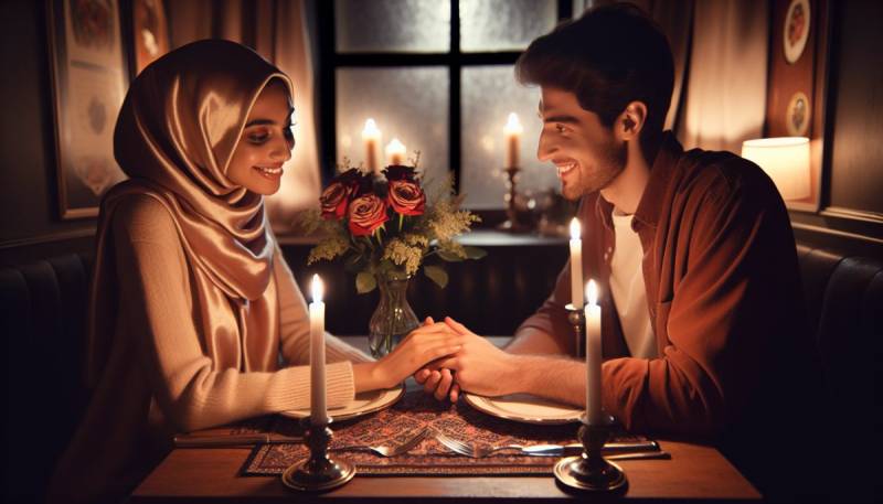 Een romantische Valentijnsdag dineropstelling met kaarsen en rozen